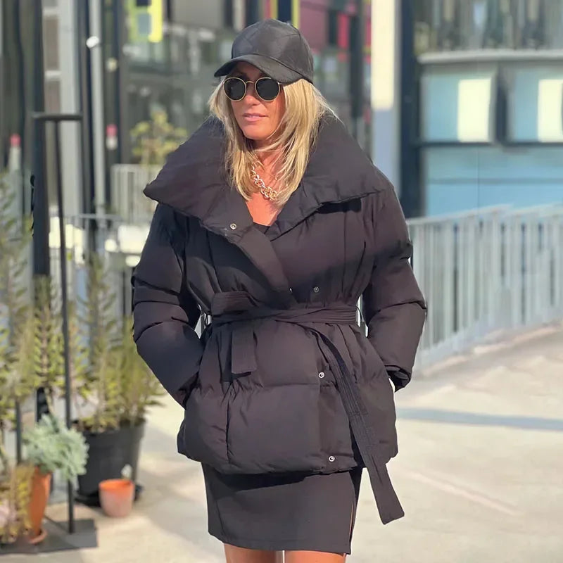 BASTIENNE | WOMEN'S PUFFER JACKET BELTED WIDE COLLAR QUILTED 4