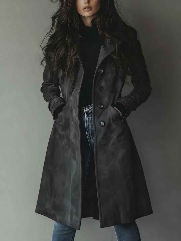 Women's Long Suede Trench Coat – Dark Gray