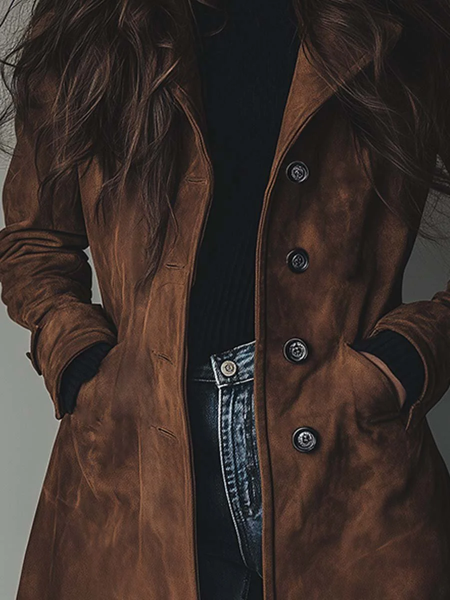 Women's Long Suede Trench Coat – Detail View