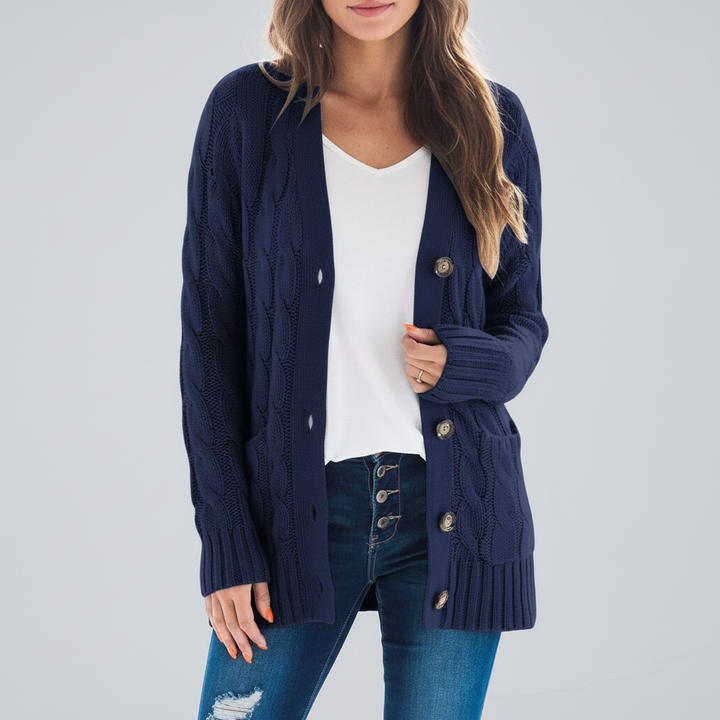 BRIGITTE | WOMEN'S CABLE KNIT CARDIGAN LONG SWEATER POCKETS 1