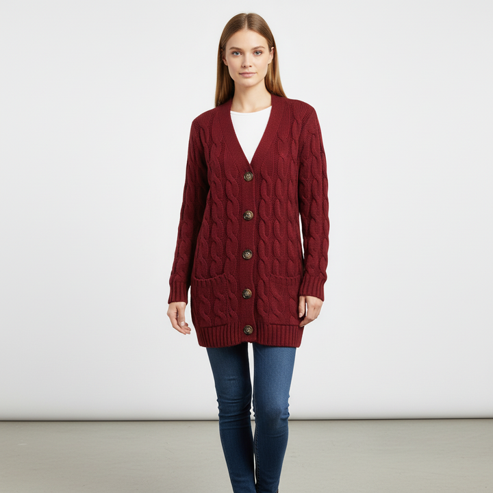 BRIGITTE | WOMEN'S CABLE KNIT CARDIGAN LONG SWEATER POCKETS 2