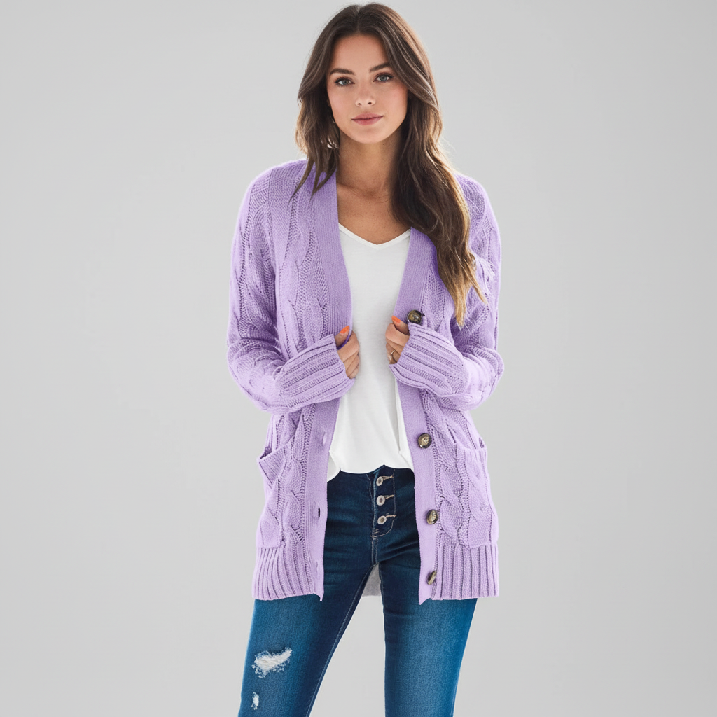 BRIGITTE | WOMEN'S CABLE KNIT CARDIGAN LONG SWEATER POCKETS 3