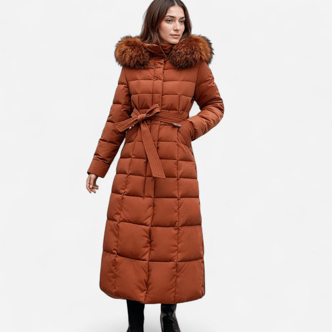 CASSANDRE | WOMEN'S BELTED LONG PUFFER COAT FUR HOOD 3