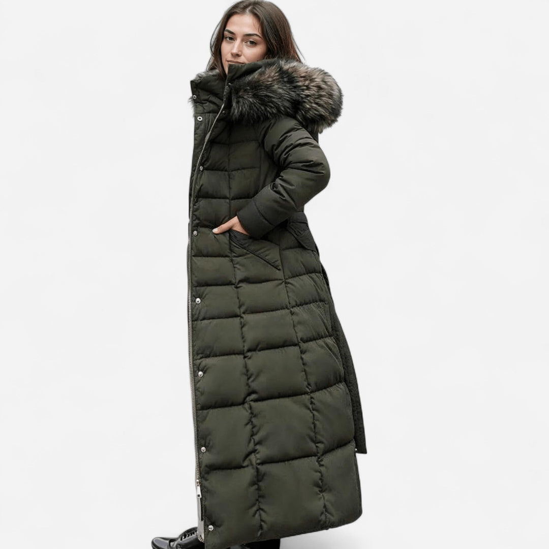 CASSANDRE | WOMEN'S BELTED LONG PUFFER COAT FUR HOOD 4