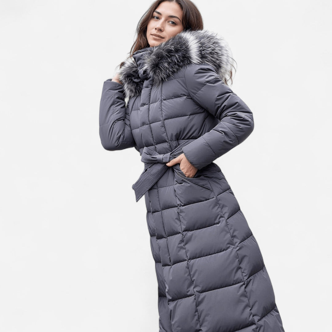 CASSANDRE | WOMEN'S BELTED LONG PUFFER COAT FUR HOOD 5
