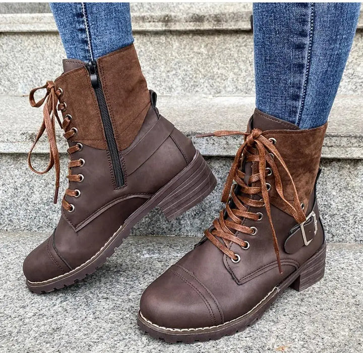 Women's Leather Lace Up Combat Boots – Dark Brown