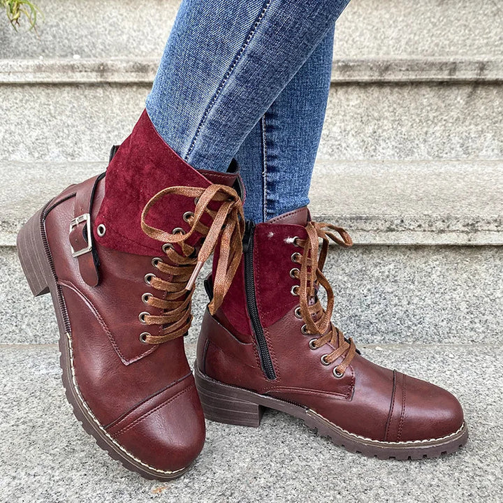 Women's Leather Lace Up Combat Boots – Burgundy
