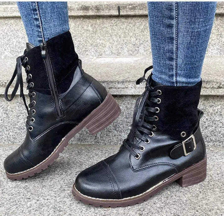 Women's Leather Lace Up Combat Boots – Black