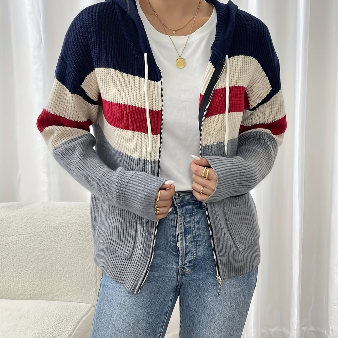 Women's Striped Hooded Zip Cardigan – Gray