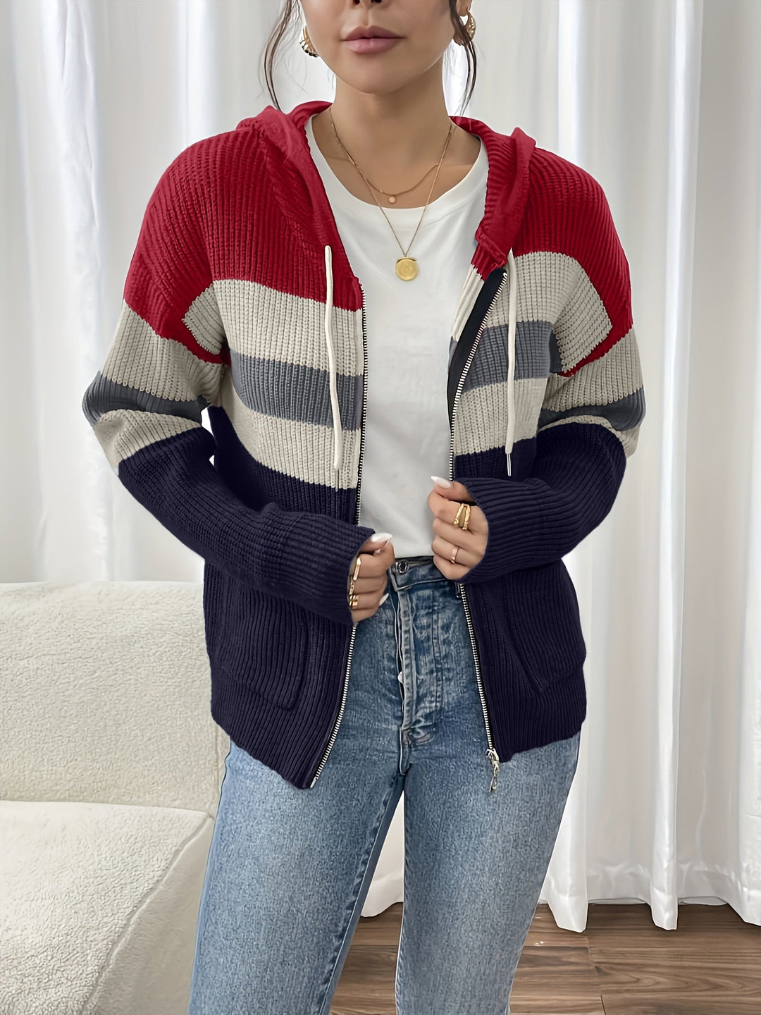 Women's Striped Hooded Zip Cardigan – Detail View