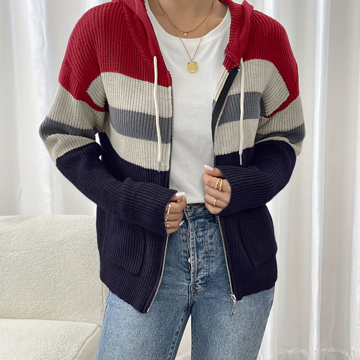 Women's Striped Hooded Zip Cardigan – Red
