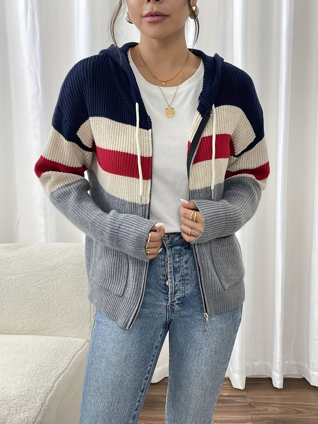 Women's Striped Hooded Zip Cardigan – Detail View
