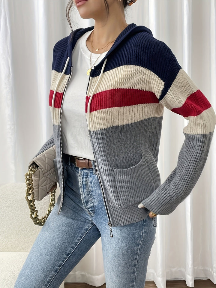 Women's Striped Hooded Zip Cardigan – Detail View