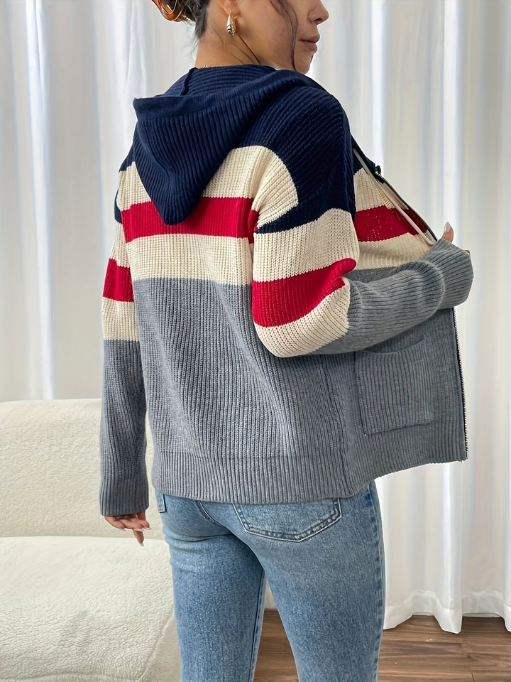 Women's Striped Hooded Zip Cardigan – Detail View
