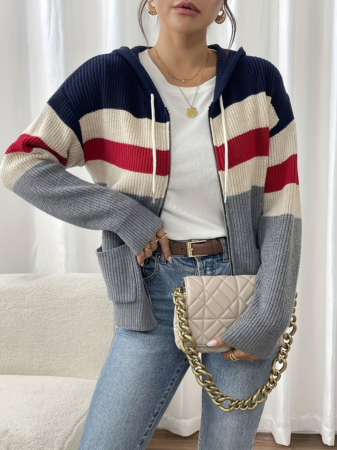 Women's Striped Hooded Zip Cardigan – Detail View