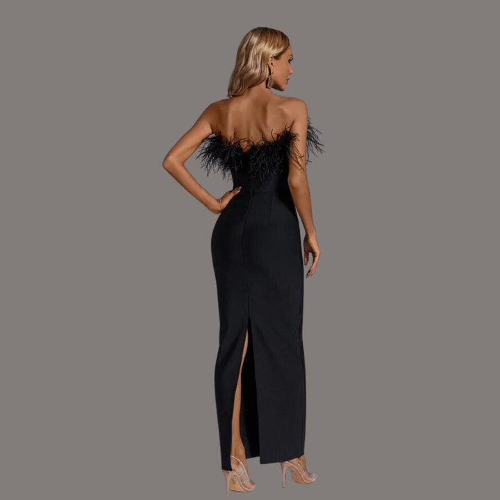 COLETTE - BLACK FEATHER-TRIM COLUMN MAXI DRESS 3