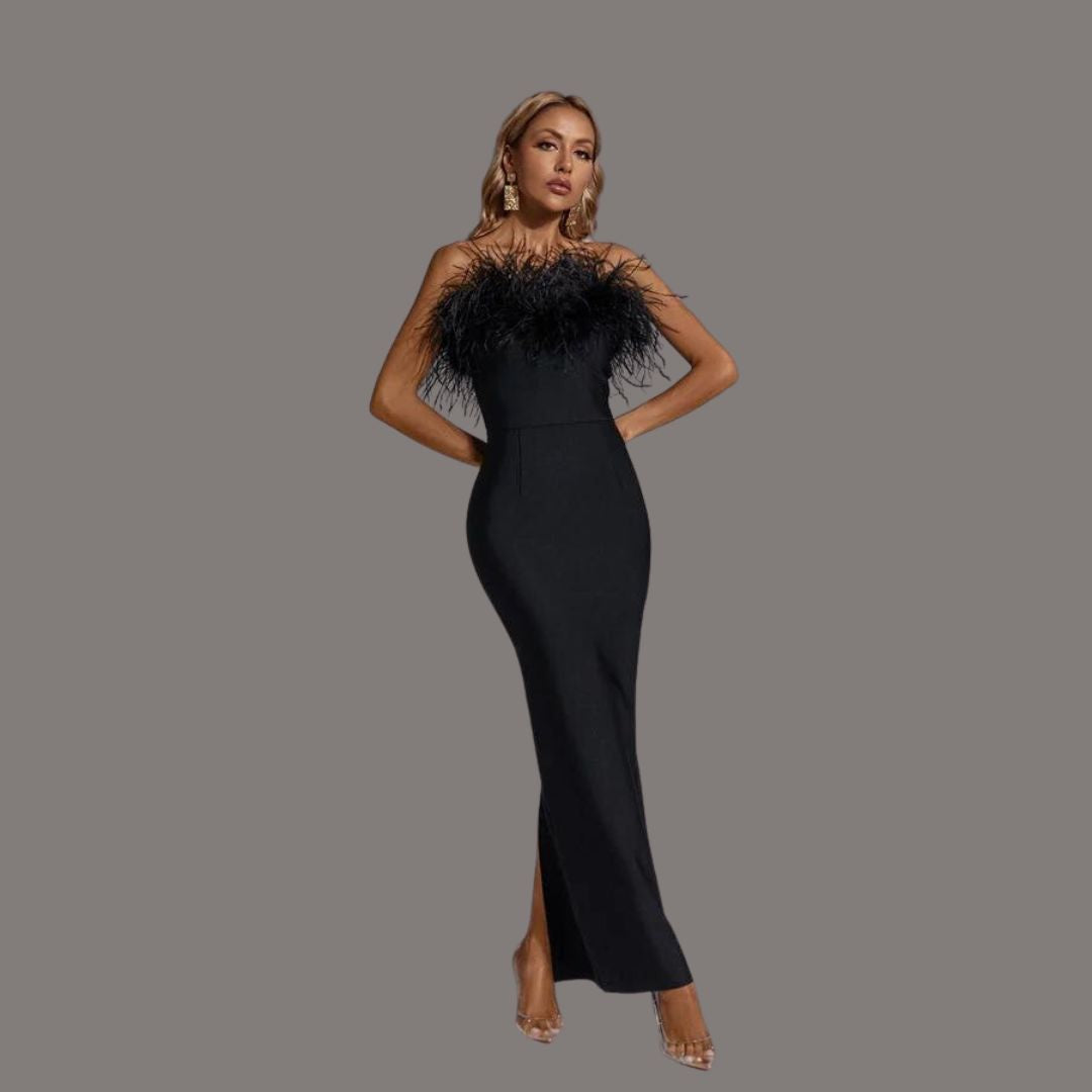 COLETTE - BLACK FEATHER-TRIM COLUMN MAXI DRESS 4