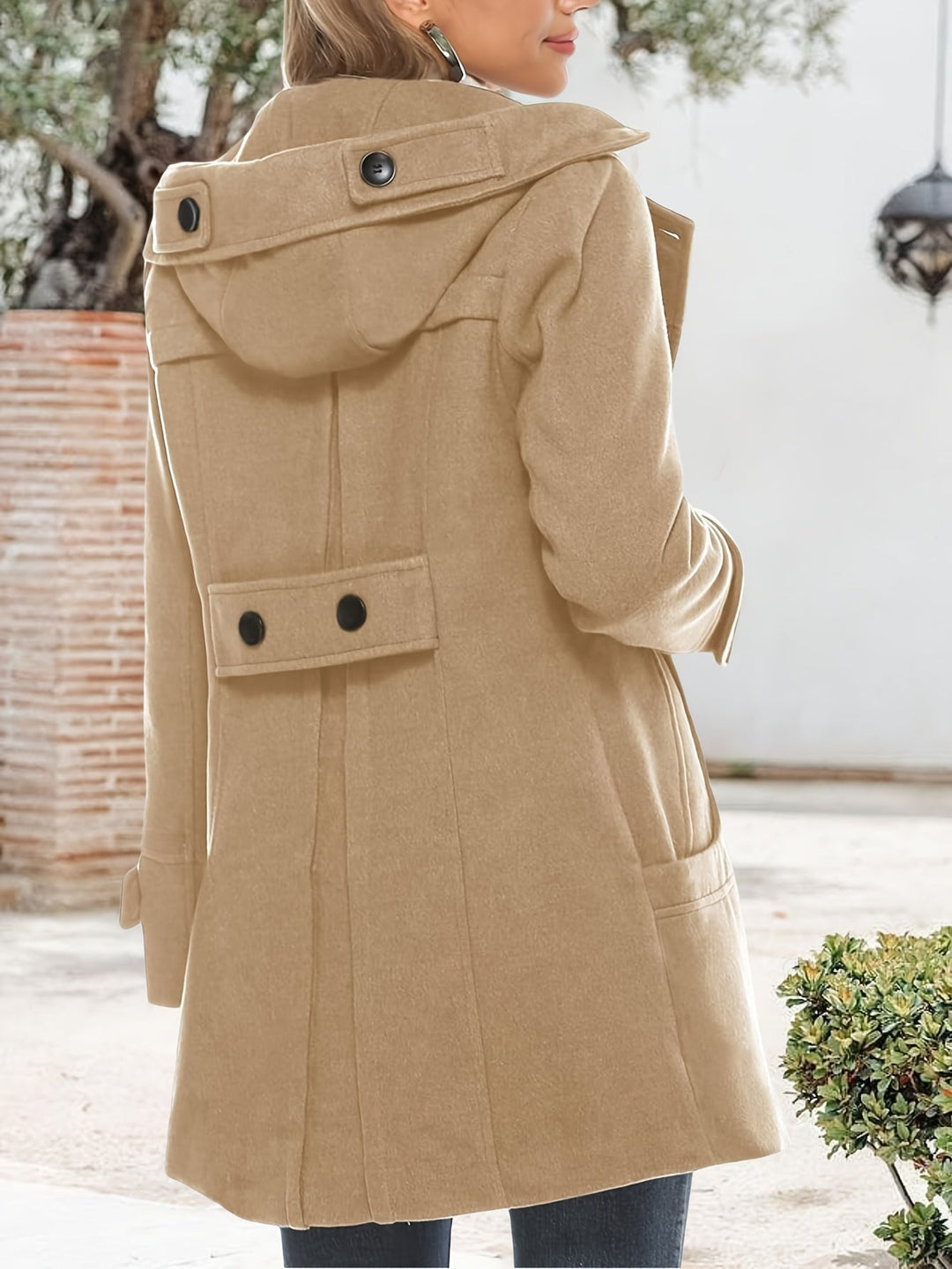 Women's Hooded Wool-Blend Pea Coat – Detail View