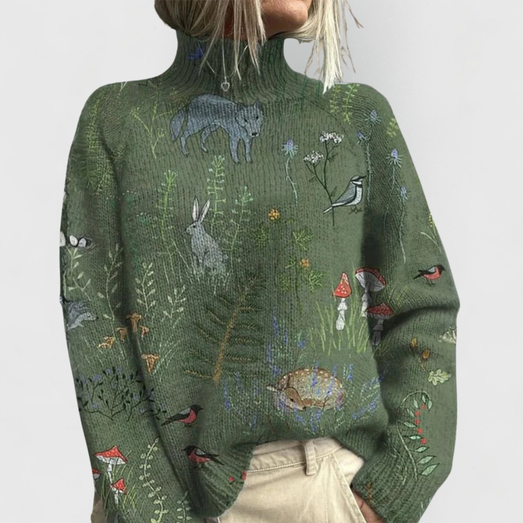Women's Printed Turtleneck Knit Sweater – Green