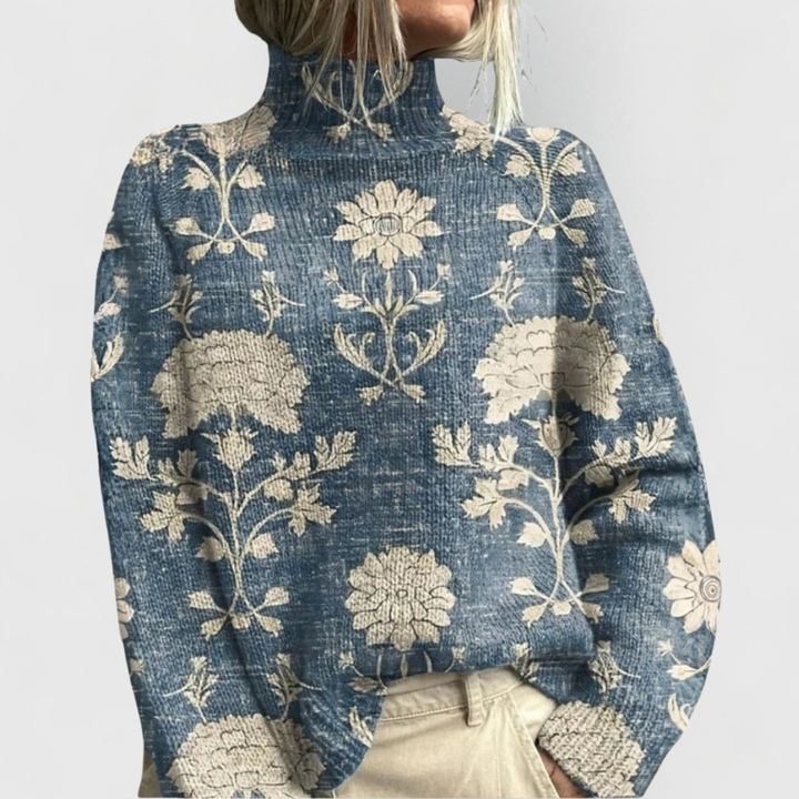 Women's Printed Turtleneck Knit Sweater – Light Blue