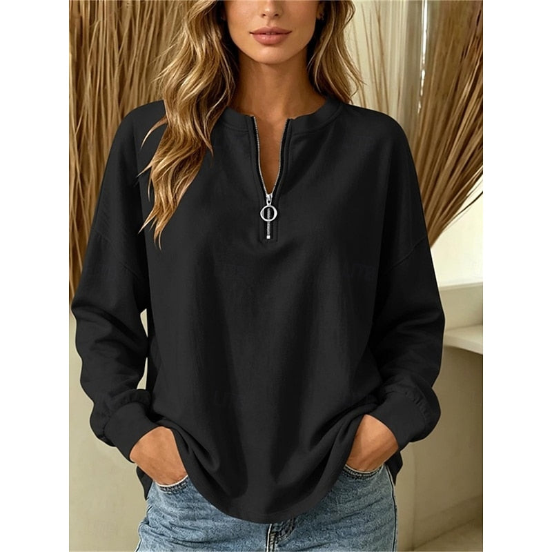 Women's Quarter Zip V Neck Tunic Top – Black