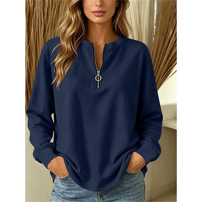 Women's Quarter Zip V Neck Tunic Top – Detail View