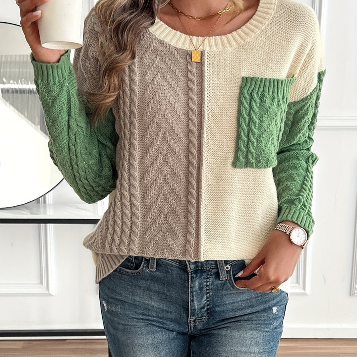 CYPRIENNE | WOMEN'S COLOR BLOCK CABLE KNIT FALL SWEATER 1