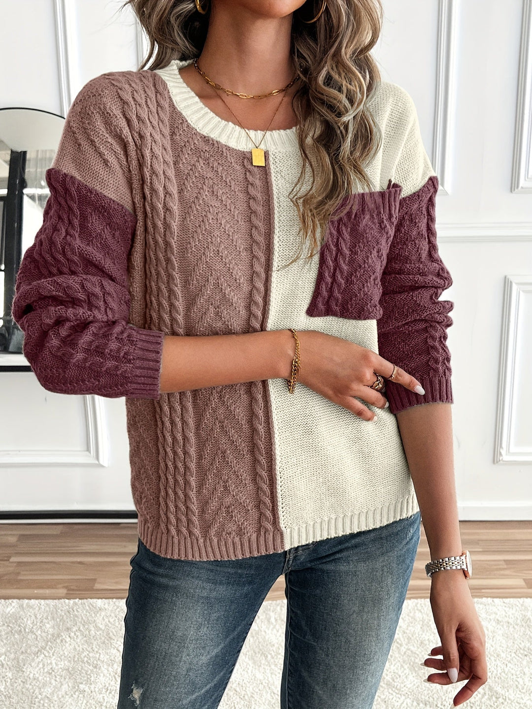 CYPRIENNE | WOMEN'S COLOR BLOCK CABLE KNIT FALL SWEATER 10