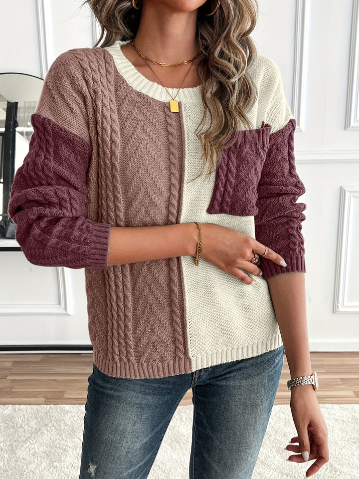 CYPRIENNE | WOMEN'S COLOR BLOCK CABLE KNIT FALL SWEATER 10