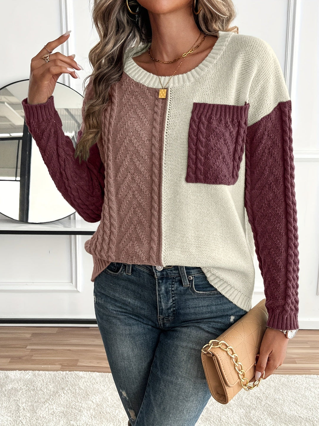CYPRIENNE | WOMEN'S COLOR BLOCK CABLE KNIT FALL SWEATER 11