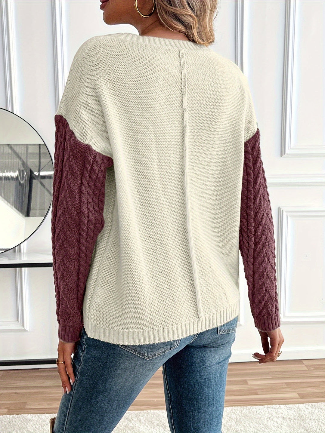 CYPRIENNE | WOMEN'S COLOR BLOCK CABLE KNIT FALL SWEATER 12