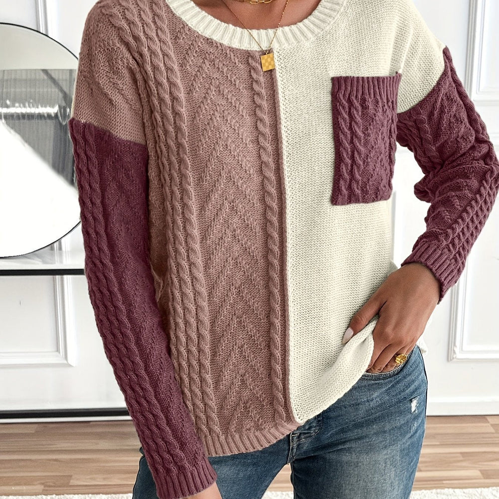 CYPRIENNE | WOMEN'S COLOR BLOCK CABLE KNIT FALL SWEATER 2