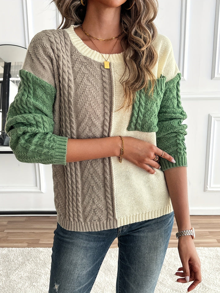 CYPRIENNE | WOMEN'S COLOR BLOCK CABLE KNIT FALL SWEATER 5