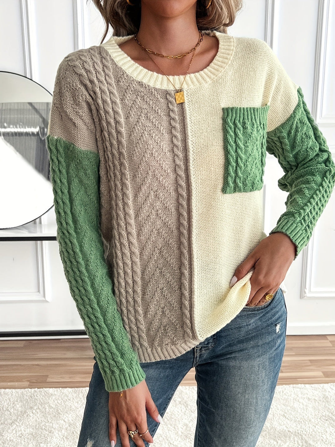 CYPRIENNE | WOMEN'S COLOR BLOCK CABLE KNIT FALL SWEATER 6