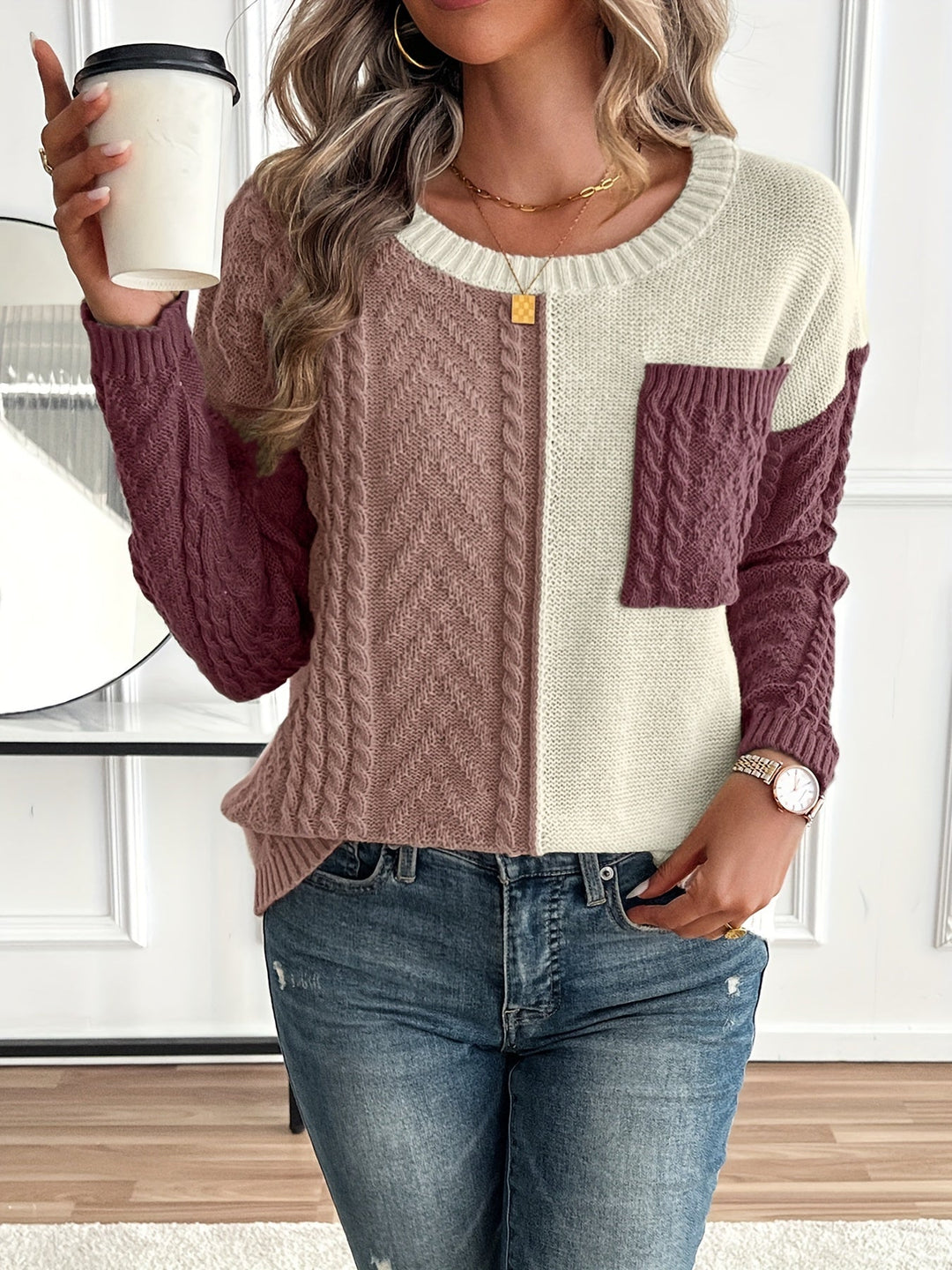 CYPRIENNE | WOMEN'S COLOR BLOCK CABLE KNIT FALL SWEATER 8