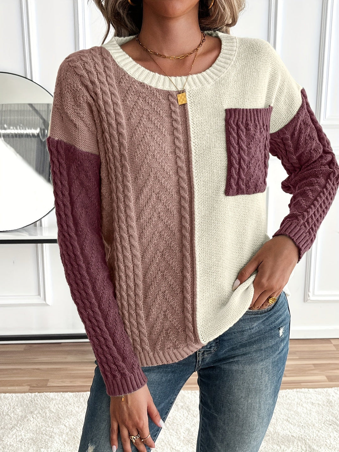 CYPRIENNE | WOMEN'S COLOR BLOCK CABLE KNIT FALL SWEATER 9