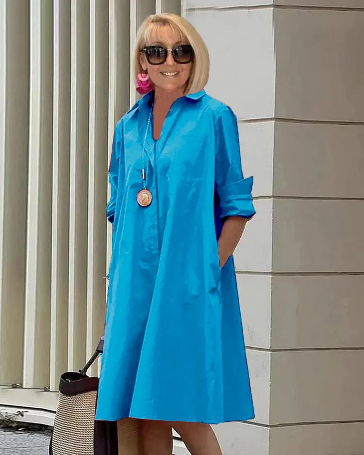 ORELITHA – SHIRT COLLAR POCKET MIDI DRESS