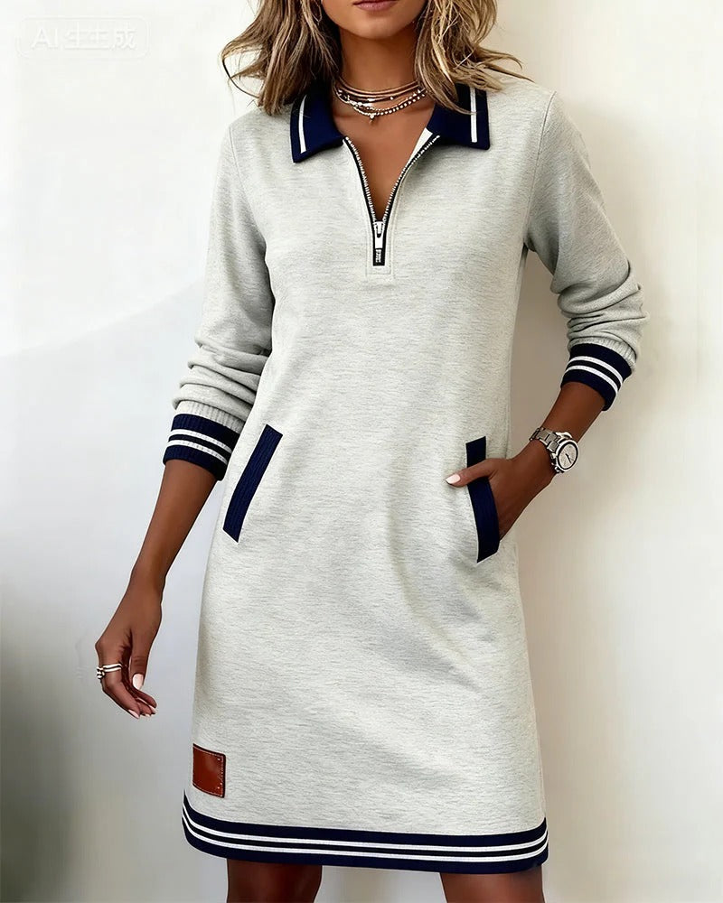 Delphine - Chic Long Sleeve Collared Fall Midi Dress 1