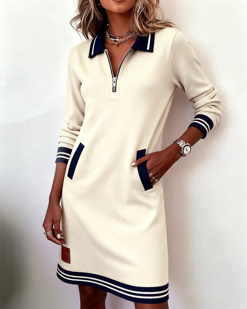 DELPHINE - CHIC LONG SLEEVE COLLARED FALL MIDI DRESS 2