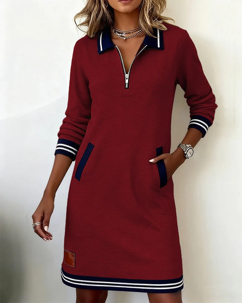 Delphine - Chic Long Sleeve Collared Fall Midi Dress 6