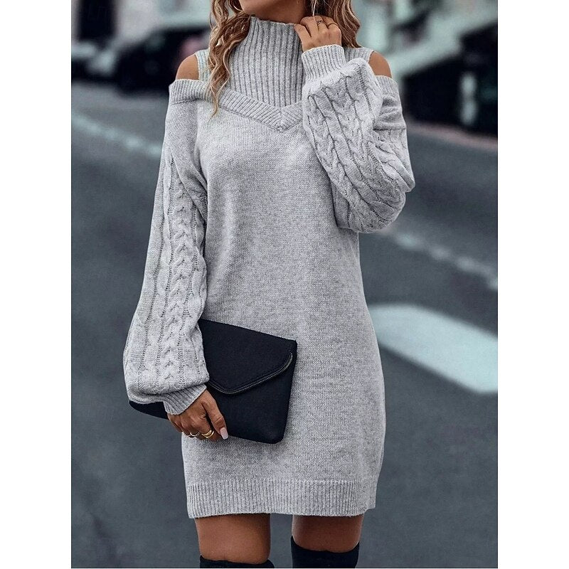 Women's Turtleneck Knit Sweater Dress – Gray