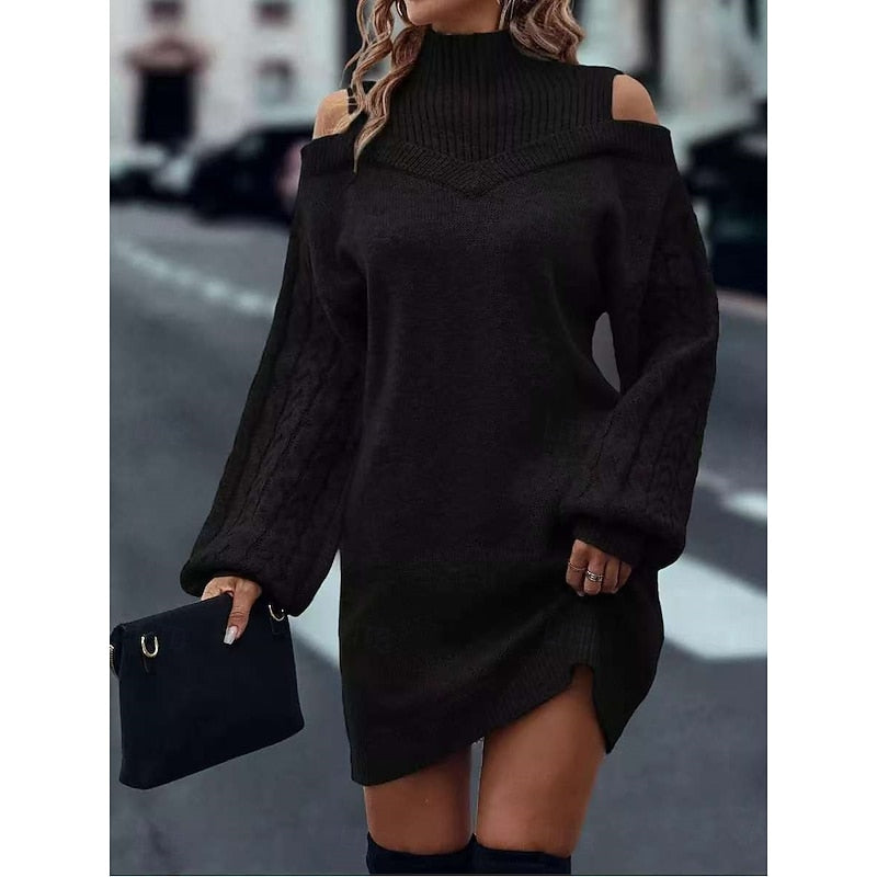 Women's Turtleneck Knit Sweater Dress – Black