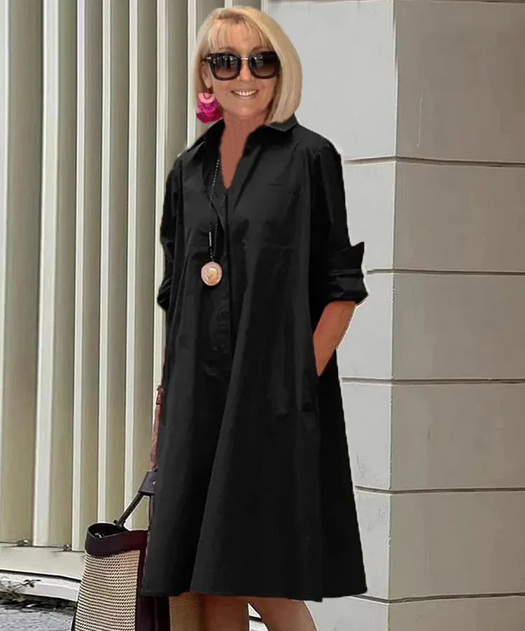 ORELITHA – SHIRT COLLAR POCKET MIDI DRESS