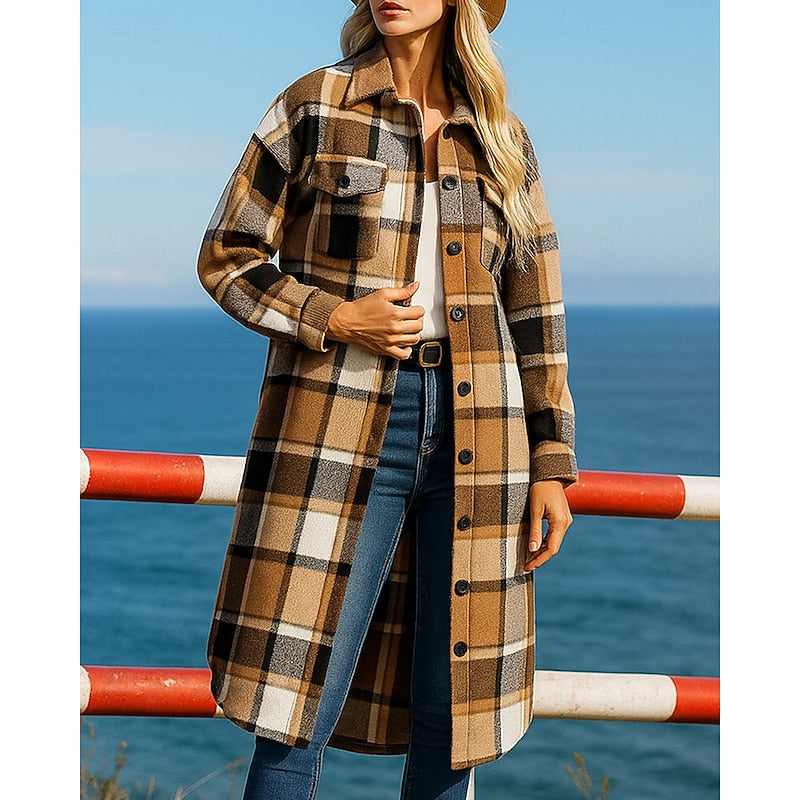 Women's Long Plaid Shacket Coat – Khaki