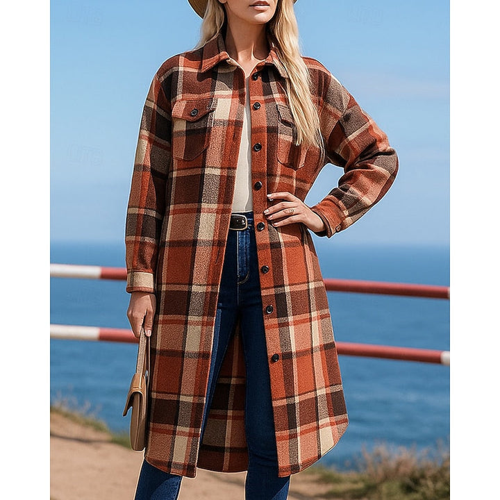 Women's Long Plaid Shacket Coat – Red