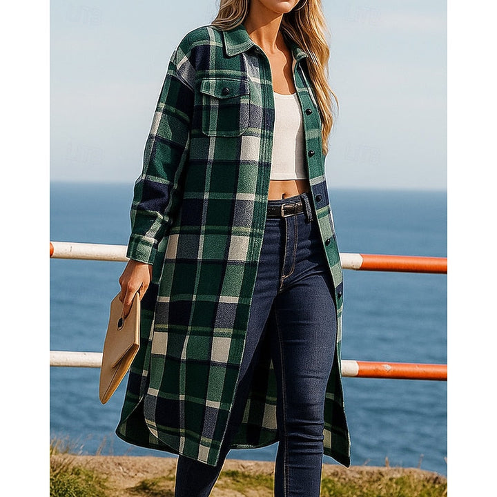 Women's Long Plaid Shacket Coat – Green
