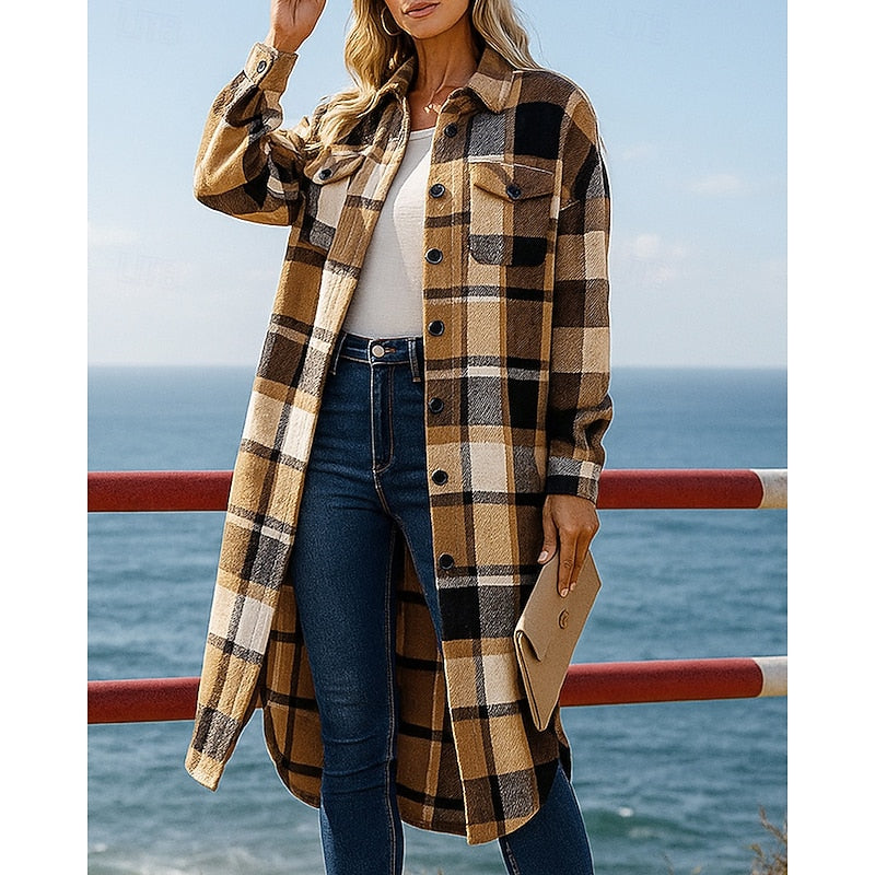 Women's Long Plaid Shacket Coat – Detail View