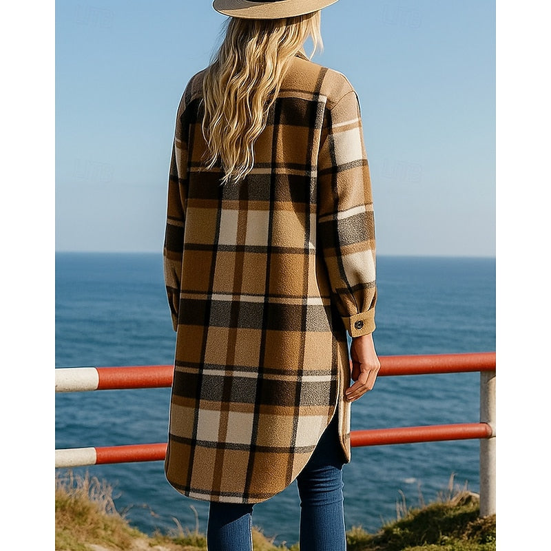 Women's Long Plaid Shacket Coat – Detail View
