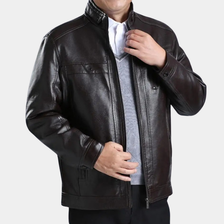 Men's Stand Collar Leather Jacket – Black