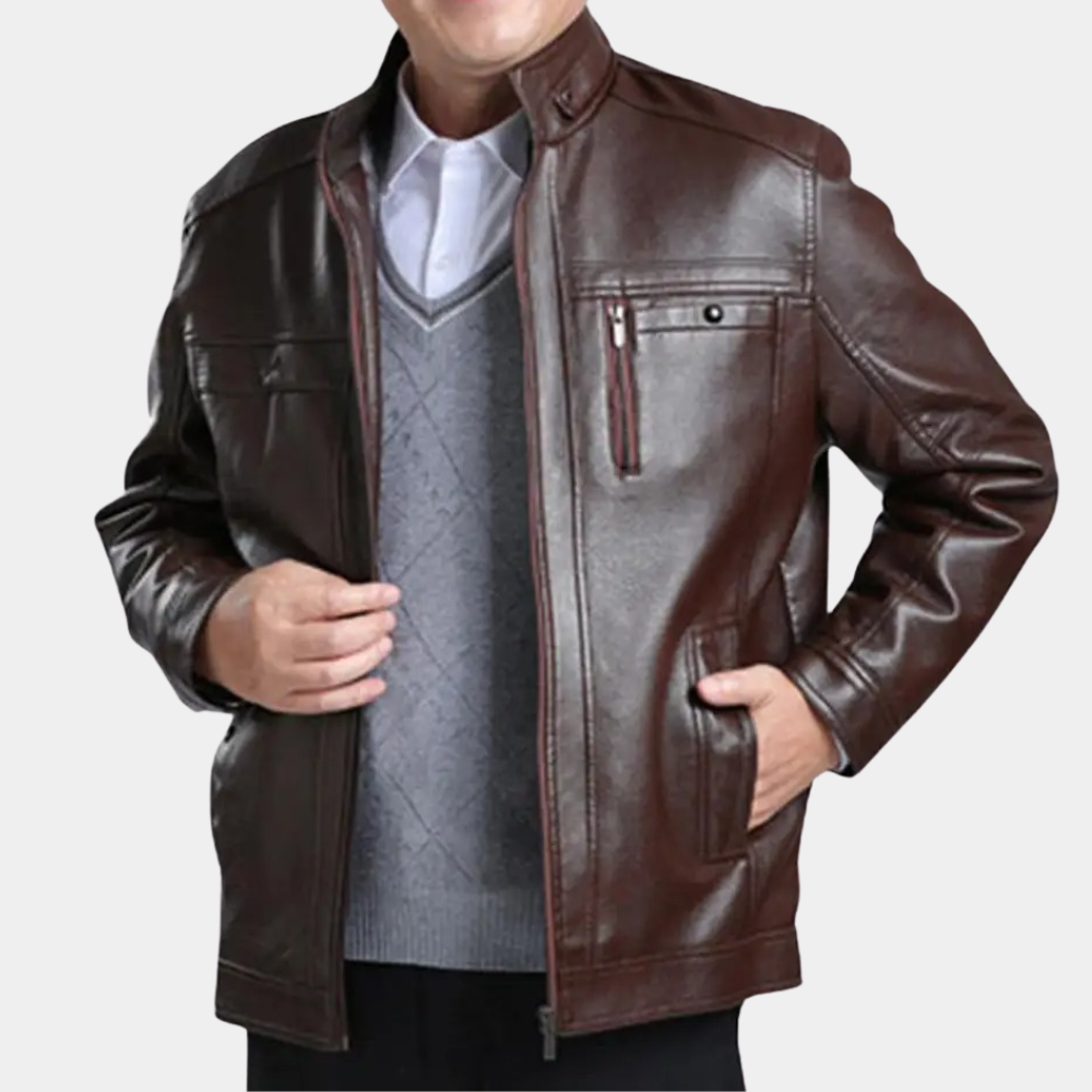 Men's Stand Collar Leather Jacket – Detail View